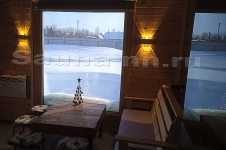 Коттедж "Папа Чан" - баня на дровах зимой, панорамное окно в комнате отдыха